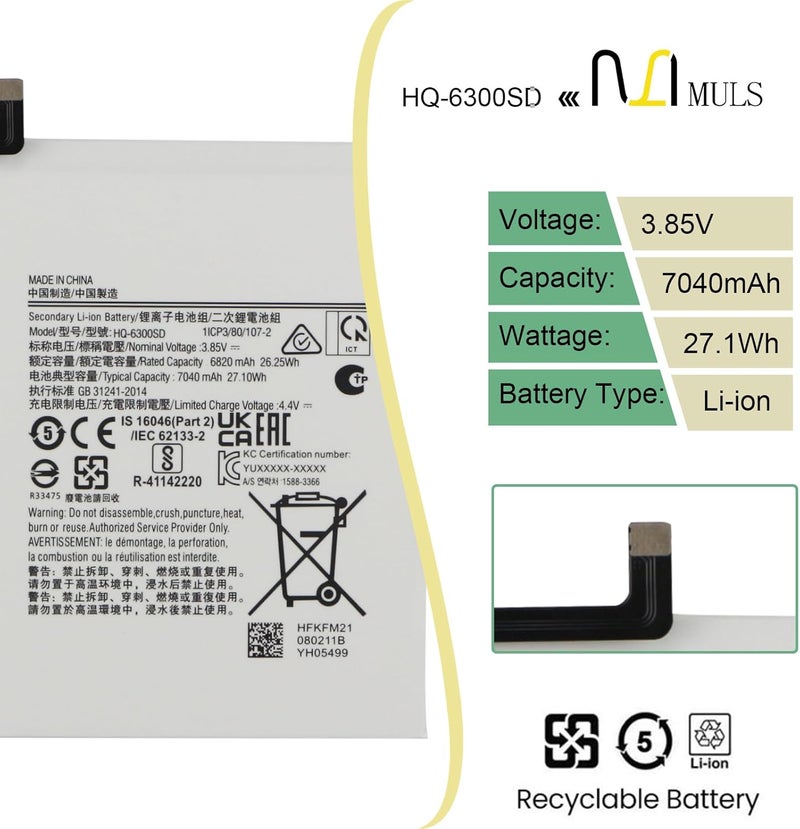 MULS 7040mAh HQ-6300SD HQ-6300SA Tablet Battery for Samsung Galaxy Tab A8 10.5 inch 2021 2022 SM-X200 SM-X200N SM-X205 SM-X205N SM-X205NZAAEUE SM-X200NZAAEUA - Image 2